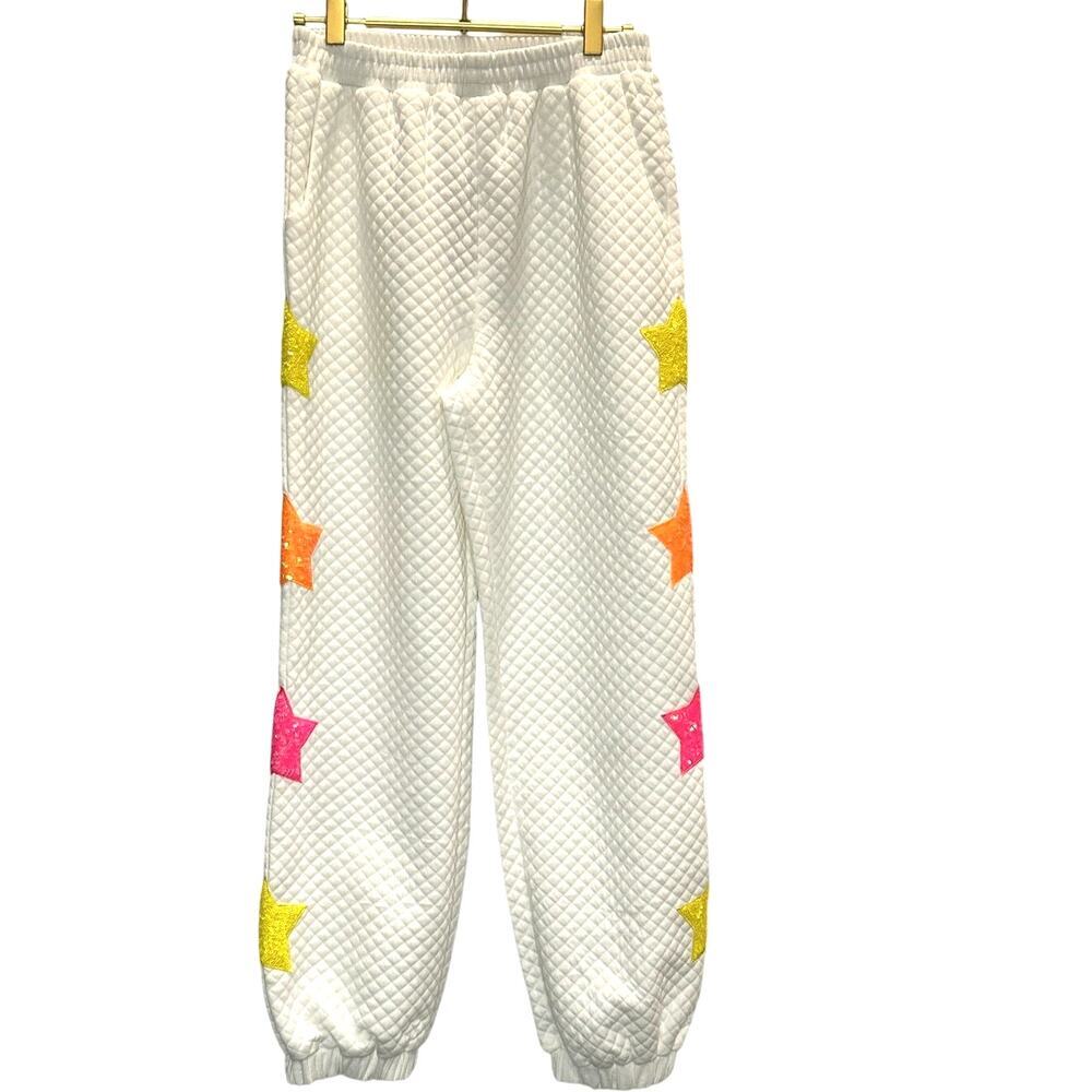 Mainstrip – Quilted Sequin Star Joggers – White – Size Small